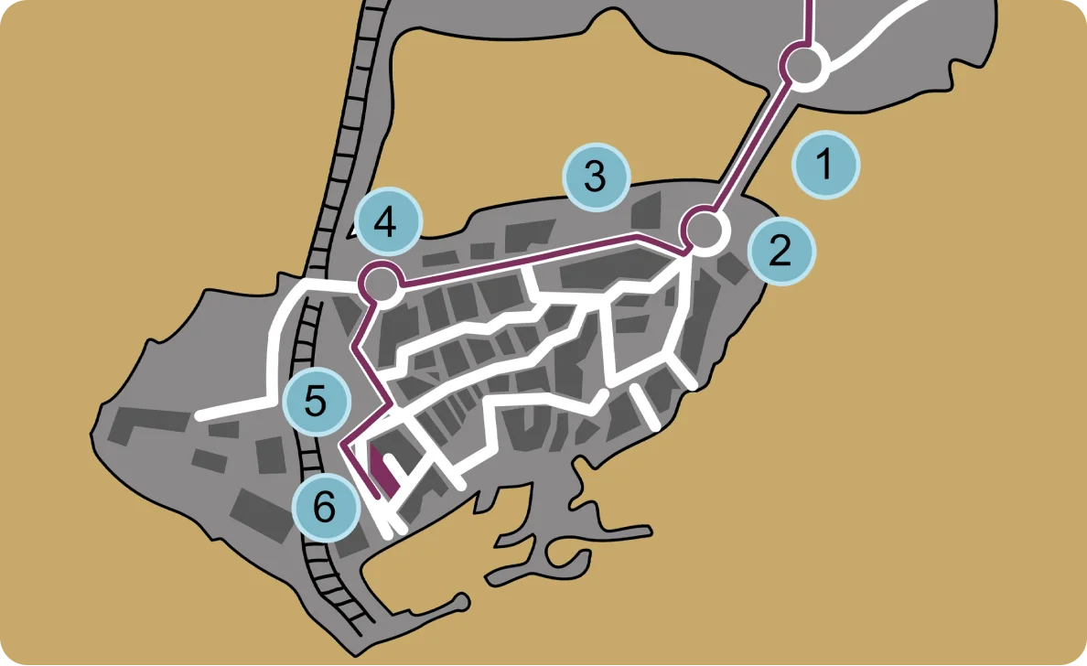 Karte mit sechs markierten Standorten und Wegen